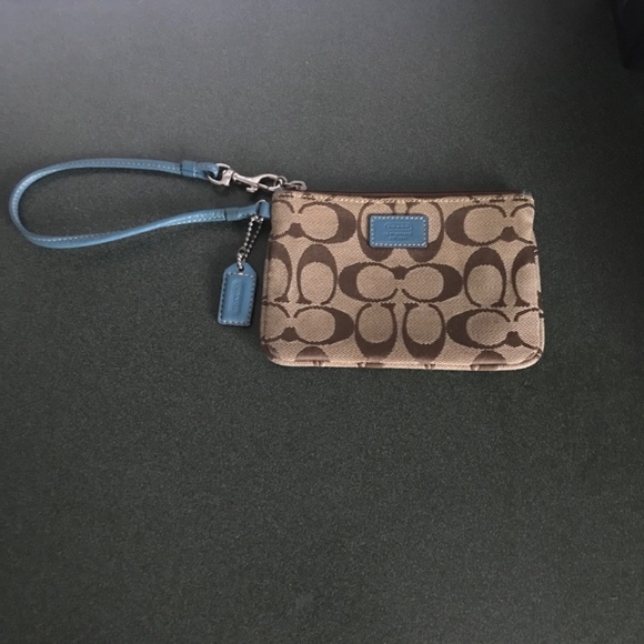 Coach Teal/Khaki Canvas Leather Wristlet Mini Pouch - Picture 2 of 16